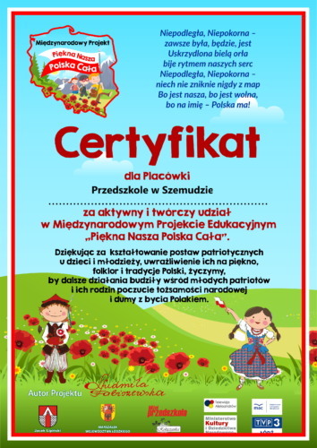 CERTYFIKAT ZA UDZIAŁ W MIĘDZYNARODOWYM PROJEKCIE